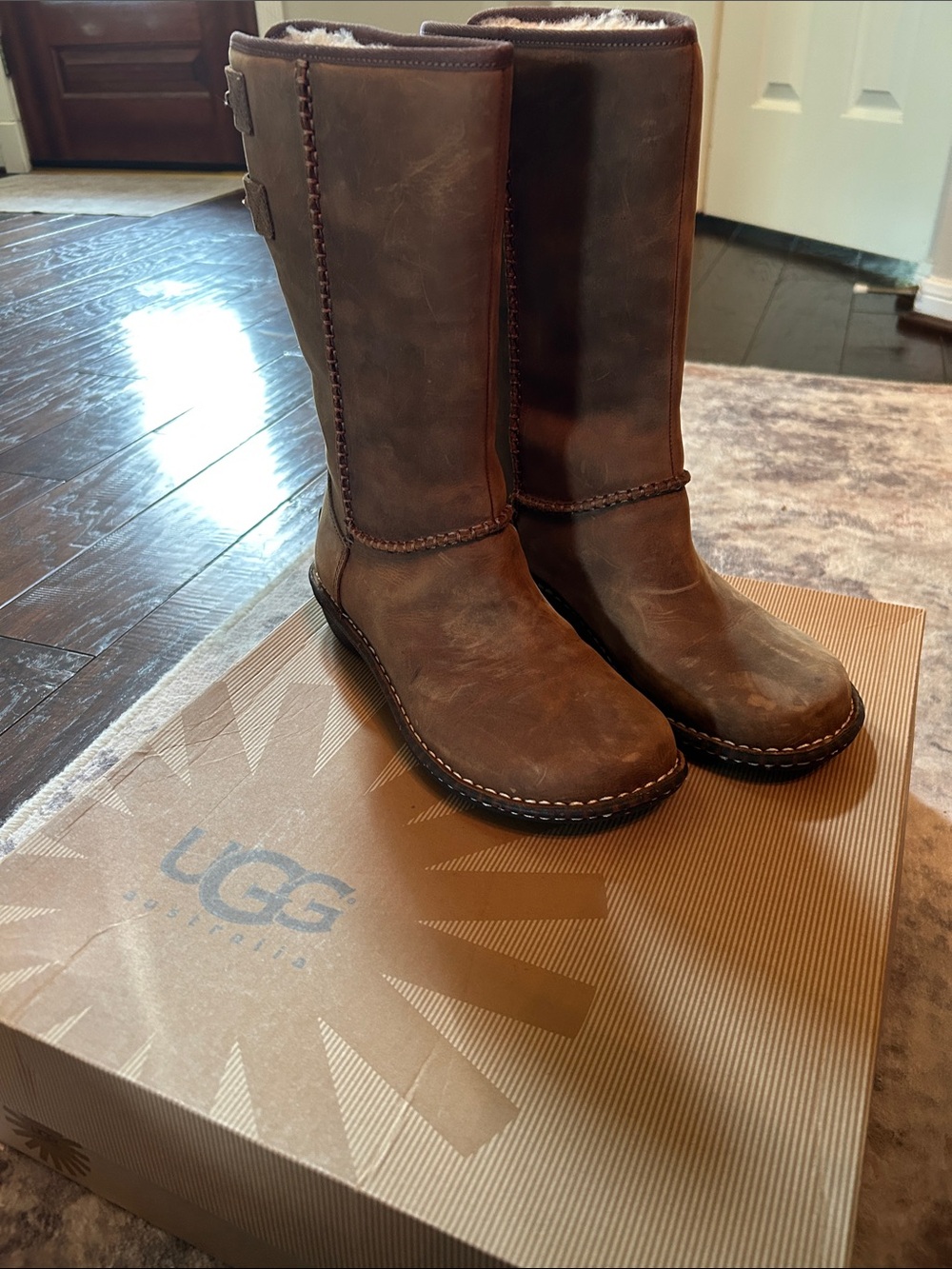 UGG Haywell Brown Leather Mid-Calf Shearling Boots